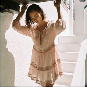 NWT Eberjey Sofia Summer of Love Mini Dress Straw Tan Tiered Babydoll Medium